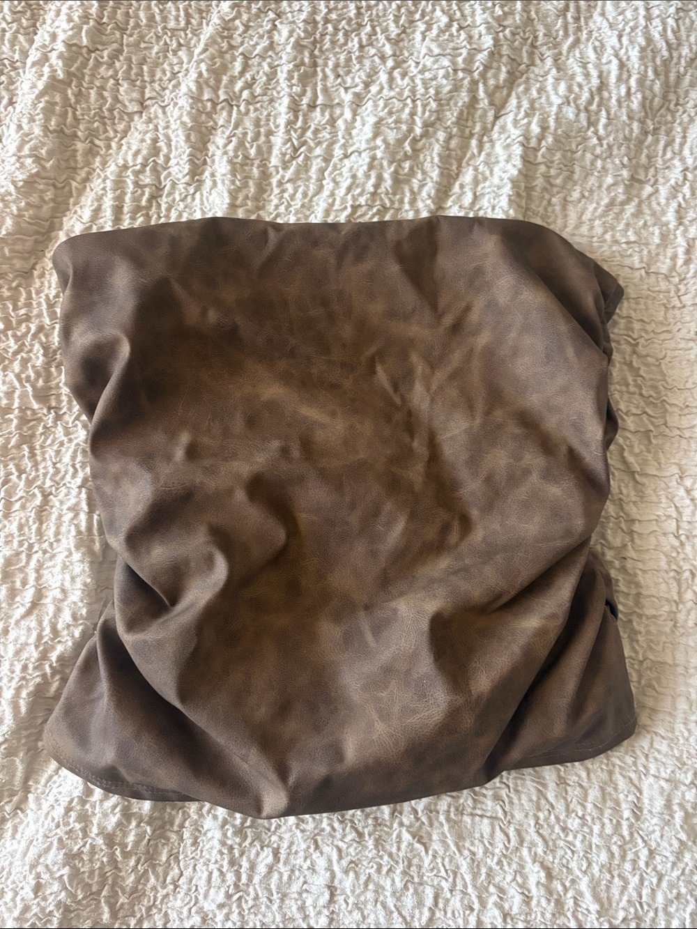 SHEIN Brown Faux-Leather Strapless Ruched Crop Top